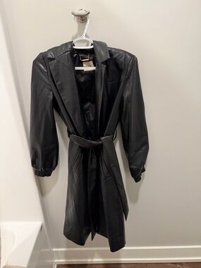 Black Faux Leather Belted Trench Coat - Women